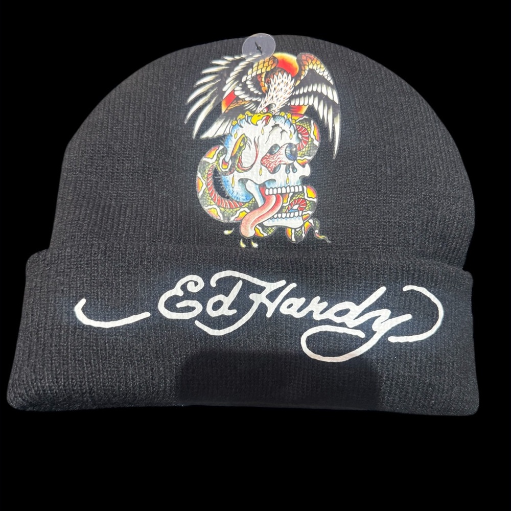 Ed Hardy Black Beanie unisex with Vibrant Skull Art